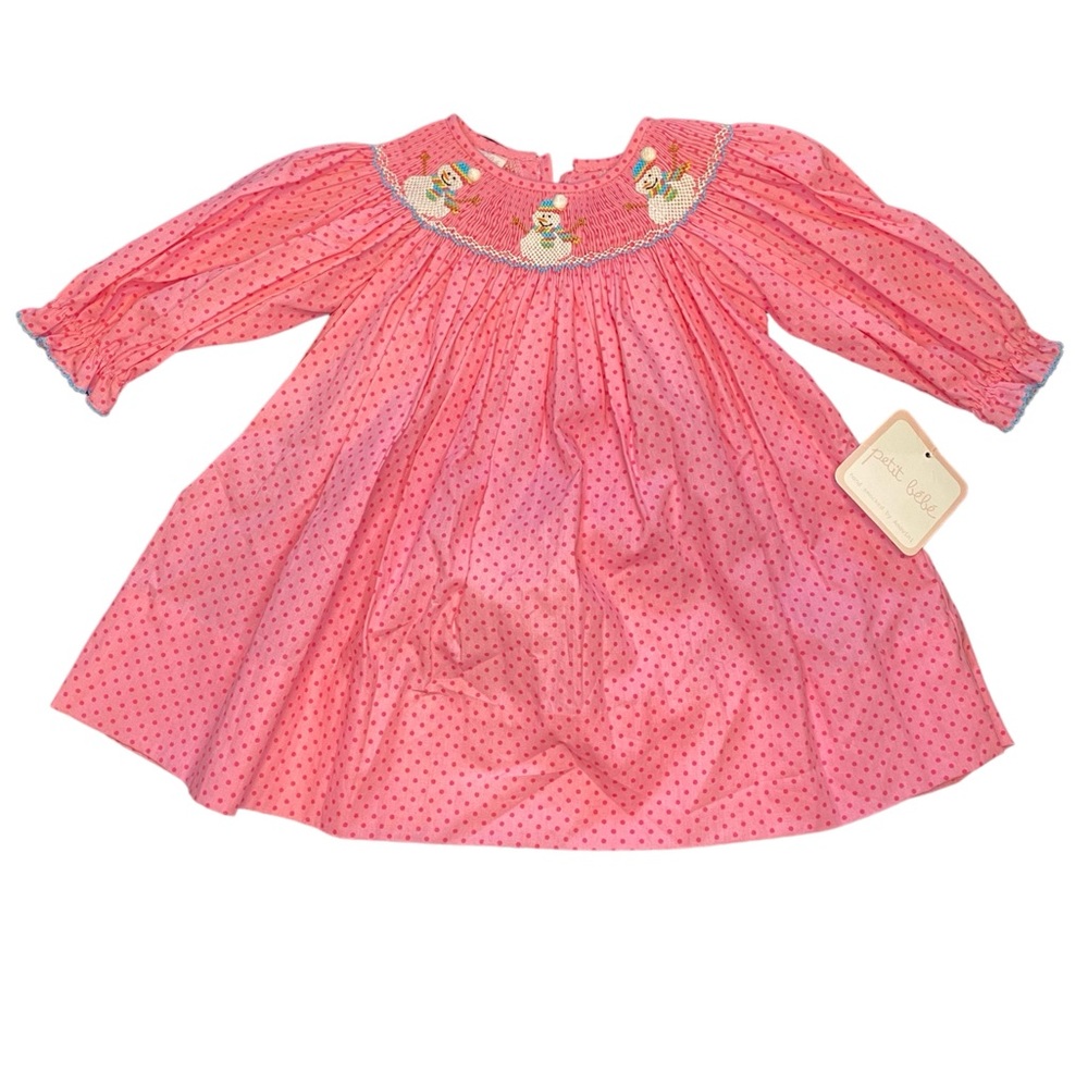 NWT [petit bebe] Hand Smocked Polka Dot Snowman  Long Sleeve Dress Kid’s Size 6M